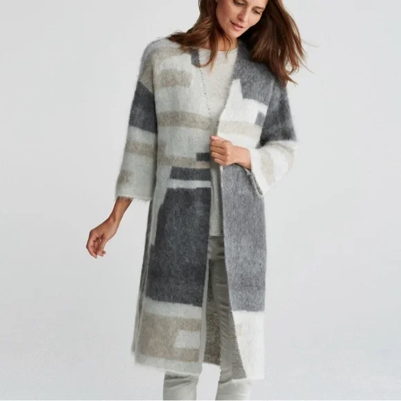 Eileen Fisher Sweaters Gray And Cream Long Sweater Cardigan M
